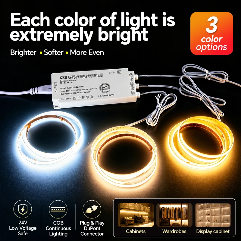 24V High Density COB LED Strip Light Kit with 2M DuPont Cable, No Soldering Required, Plug and Play for Cabinet and Shelf Lighti - view 5