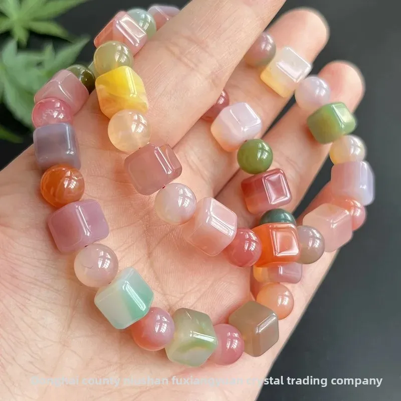 Yanyuan Agate Cube Sugar Bracelet Natural Color Agate Salt Source Small Square Lucky Hand String for Men and Women Fine Jewelry