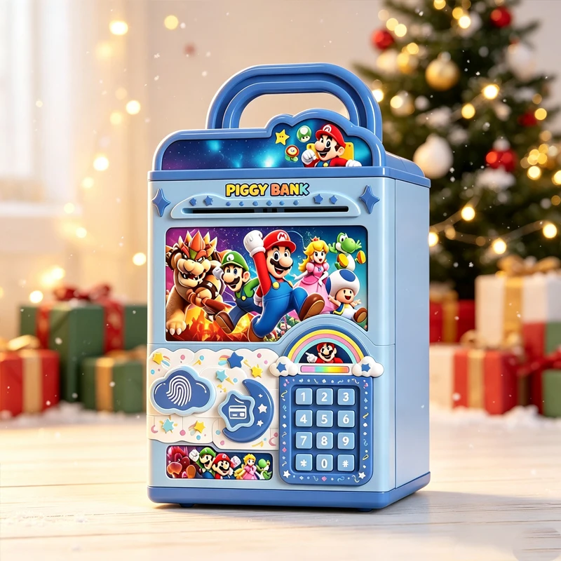 Kawaii Mario Piggy Bank Fingerprint Password Auto Scroll Cash Colorful Light Music Bilingual Educational Money Box Kids Toy Gift view 3
