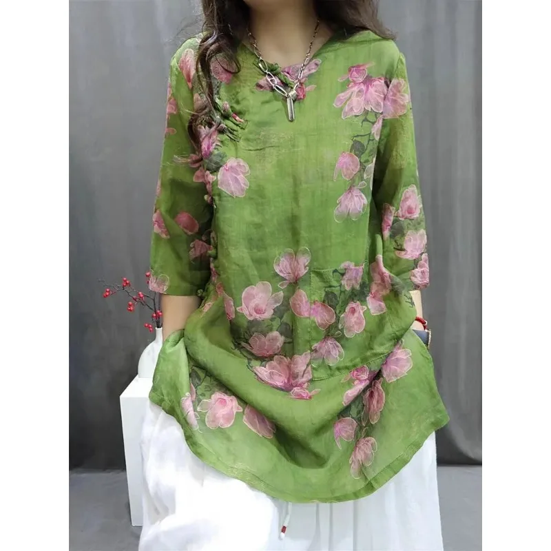 Women New Chinese Style Floral Linen Shirt Three Quarter Sleeve Loose Casual Retro Blouse Plus Size
