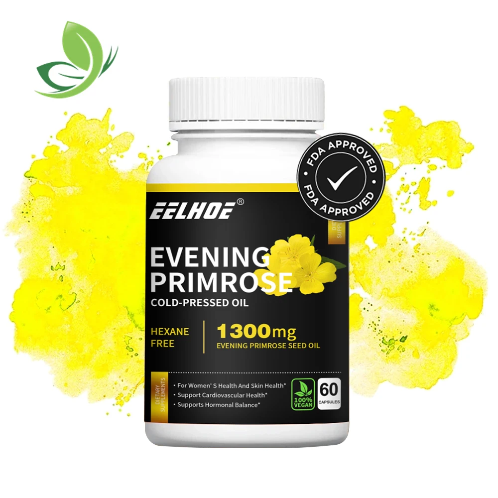 

Evening Primrose Oil 1300 mg, benefits women and skin health, supports hormonal balance, and supports cardiovascular health