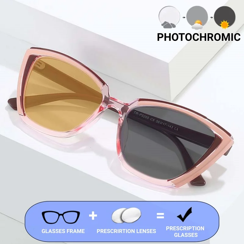 新しい三角形キャットアイ抗ブルーライト処方メガネユニセックスフォトクロミックレンズ処方箋付きカスタマイズされた眼鏡