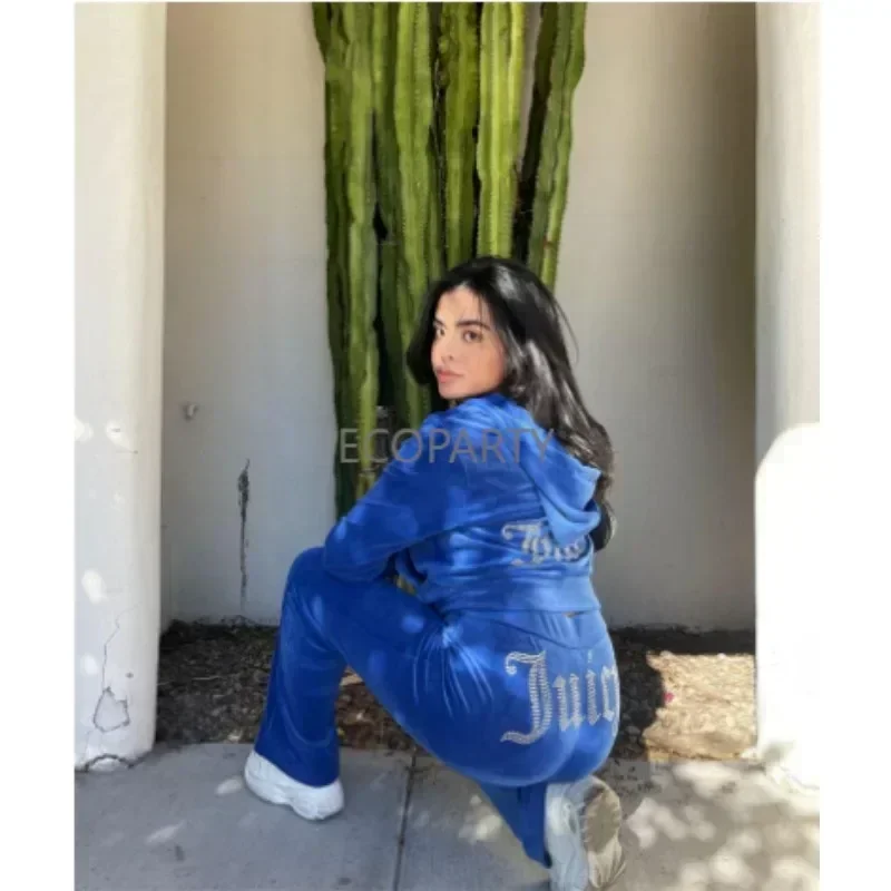 Women Soild Velvet Two Piece Set Beading Letters Juicy Couturs Tracksuit Sexy Hooded Crop Top Jacket Flare Pants Y2K Streetwear