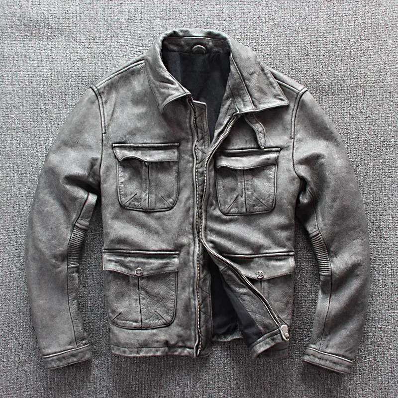 Leather men's workwear cowhide multi-pocket fitted motorcycle suit coat