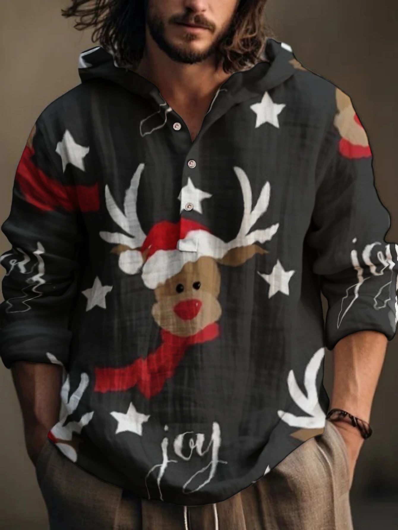 Jeans - Herenshirt met kerstcartoon rendier- en sterrenprint,