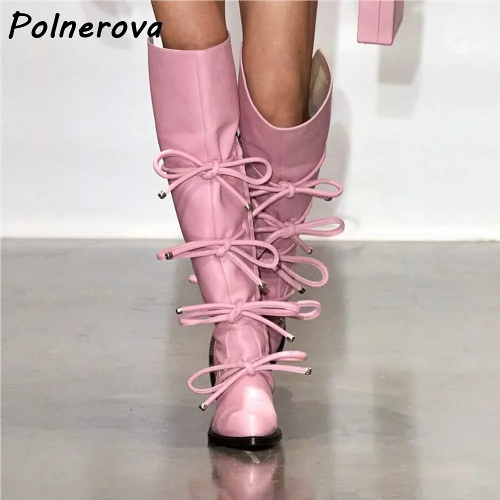 

Bows Leather Knee High Boots Solid Pink Pointy Toe Runway Winter Long Boots 2025 Women's Fashion Pleated Sexy Luxury Shoes
