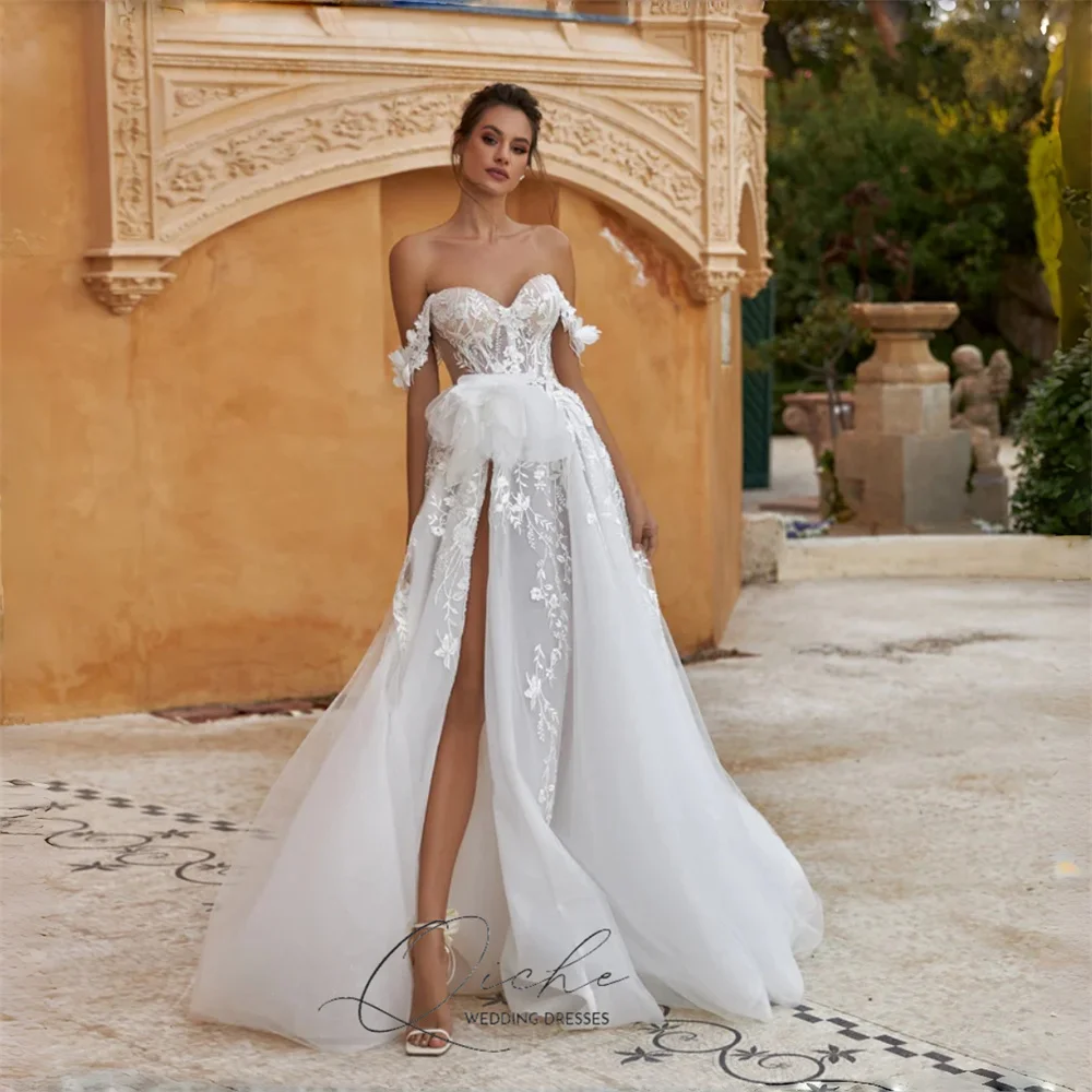 QICHE moderne dentelle appliqué a-ligne robe De mariée chérie haute fente hors De l'épaule plissé Tulle robes De Noiva personnalisé