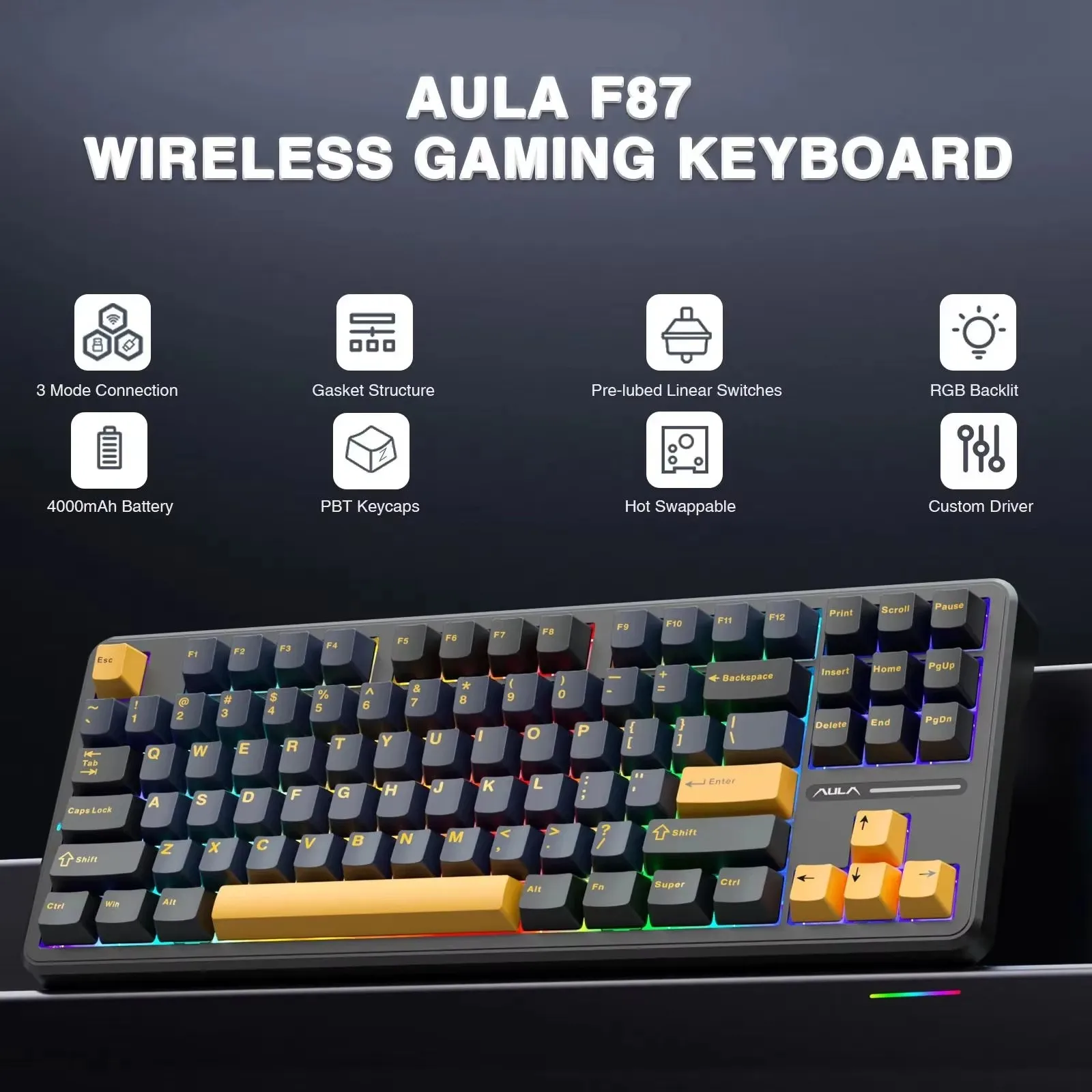 

AULA F87 Pro Mechanical Keyboard Customized Wired 2.4g Wireless Tri-mode 8000mAh HotSwap RGB PBT Light Gasket for Laptop PC Gift