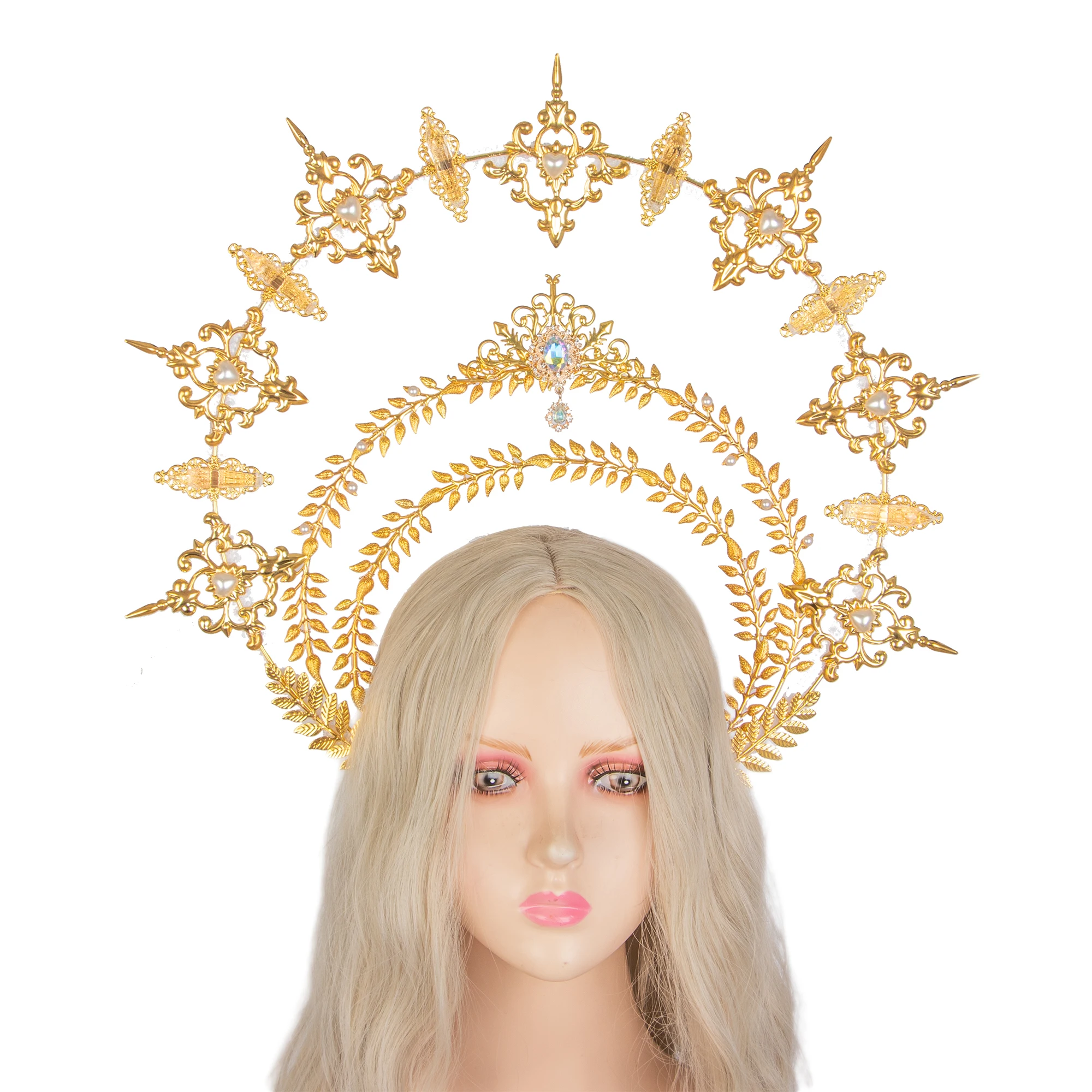 Halo Crown Exaggerated Oversized Gold Goddess Headwear  Mary Headdress for Photoshoot Prom Halloween Cosplay Hair Accessories