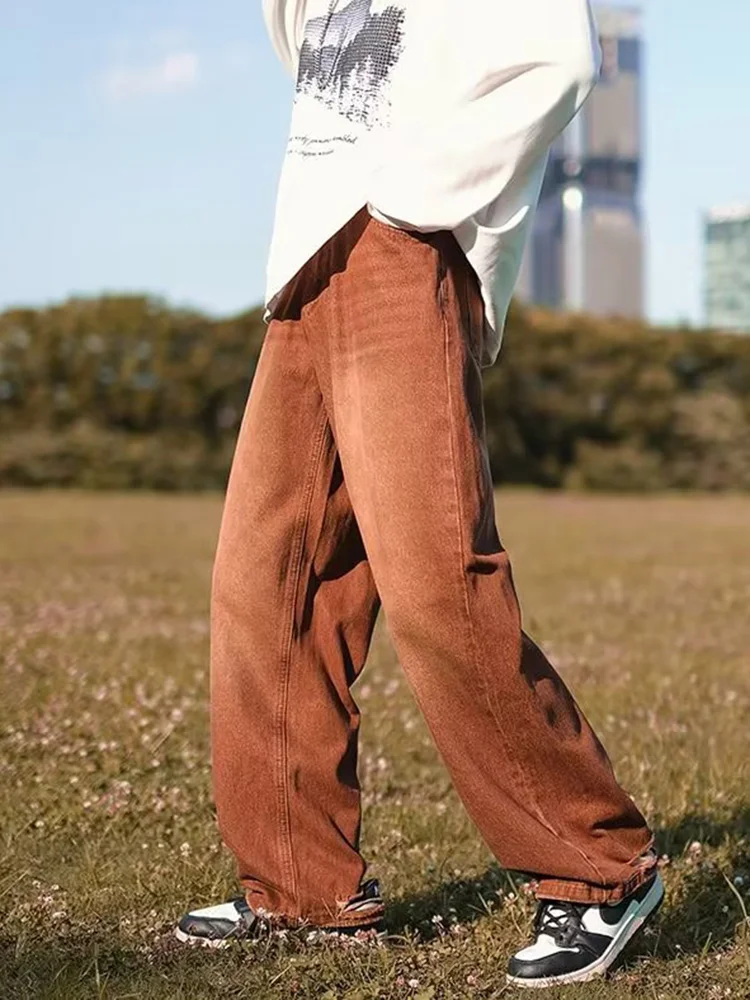 

Мужские джинсы из коричневого денима в стиле ретро, свободные, прямого кроя, повседневные, для работы, весенние, модные, широкие, удобные, в стиле High Street