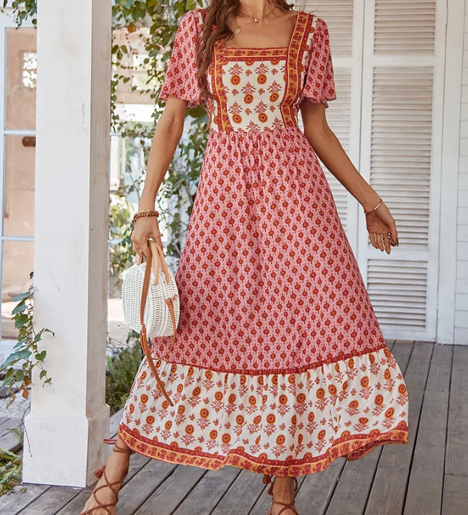 

Women's Holiday Dress 2025 Spring Summer Latest Printed Dress French Printed Holiday Style Square Neck Maxi Dress Long Skirt
