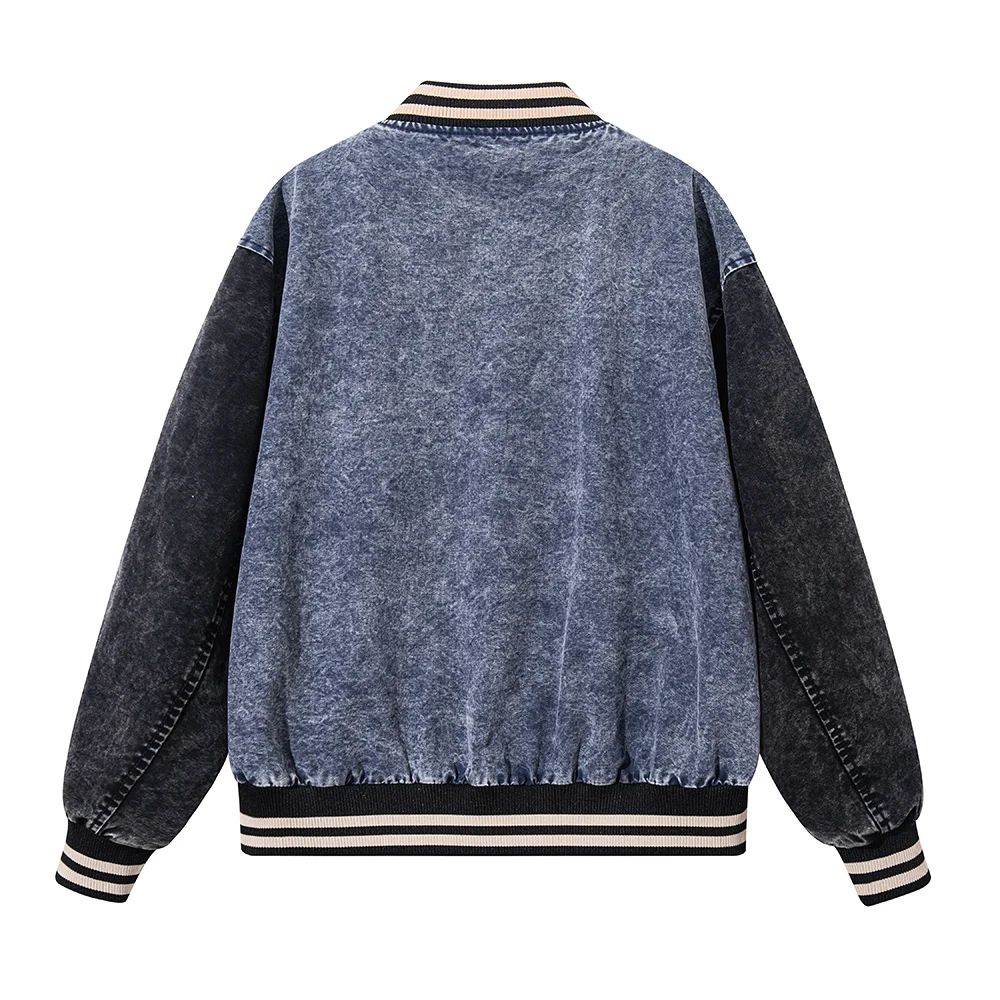 Herren Vintage Washed Denim Varsity Jacke Farbblock Knopfleiste Mantel Locker Sitzende Passform Lässige Herbst-Winter-Oberbekleidung – Detail 4