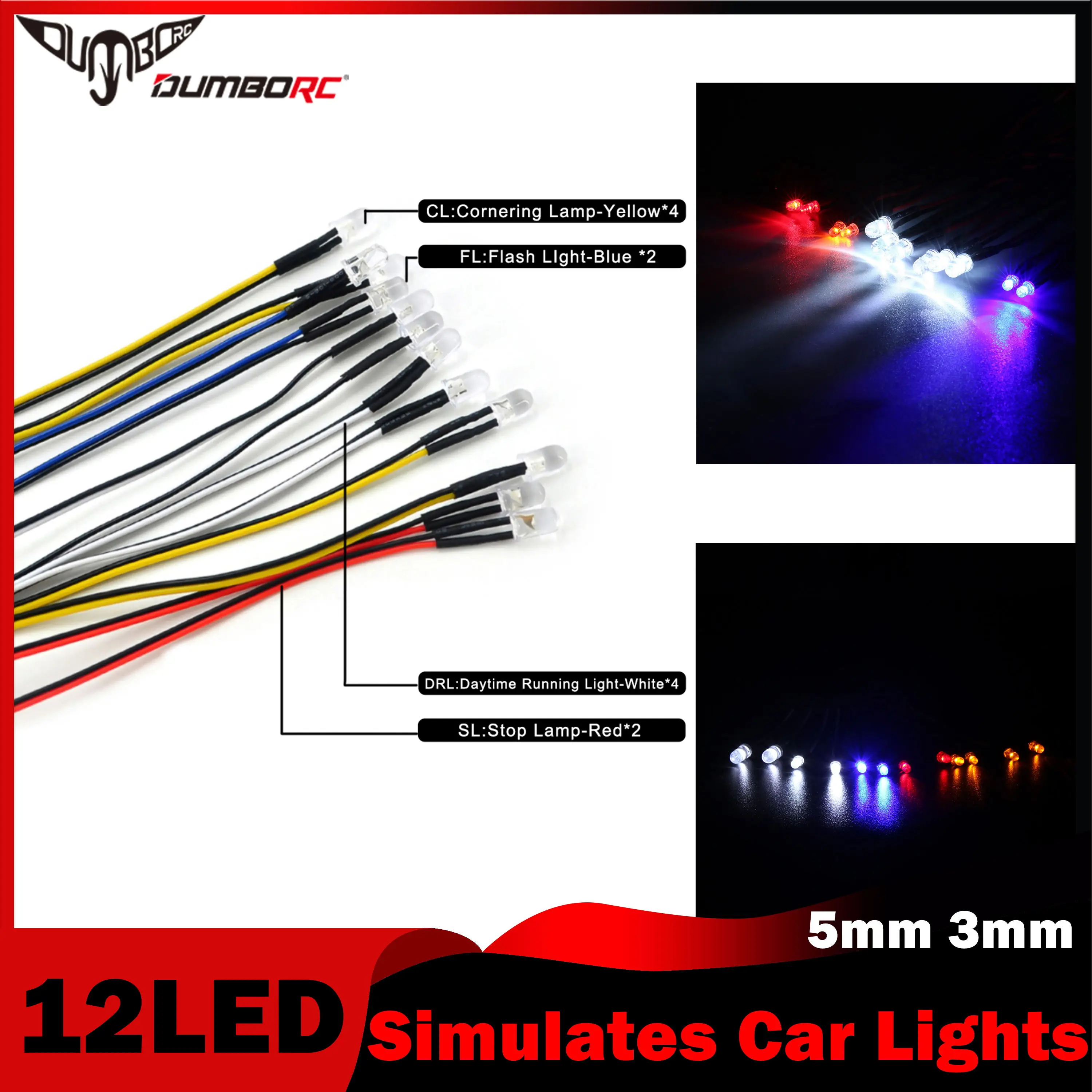 DUMBORC 12LED 5mm 3mm simule le jeu de lampes d'éclairage de voiture Compatible avec le récepteur X6DC pour RC Drift On Road Car Tank modèle jouet à distance