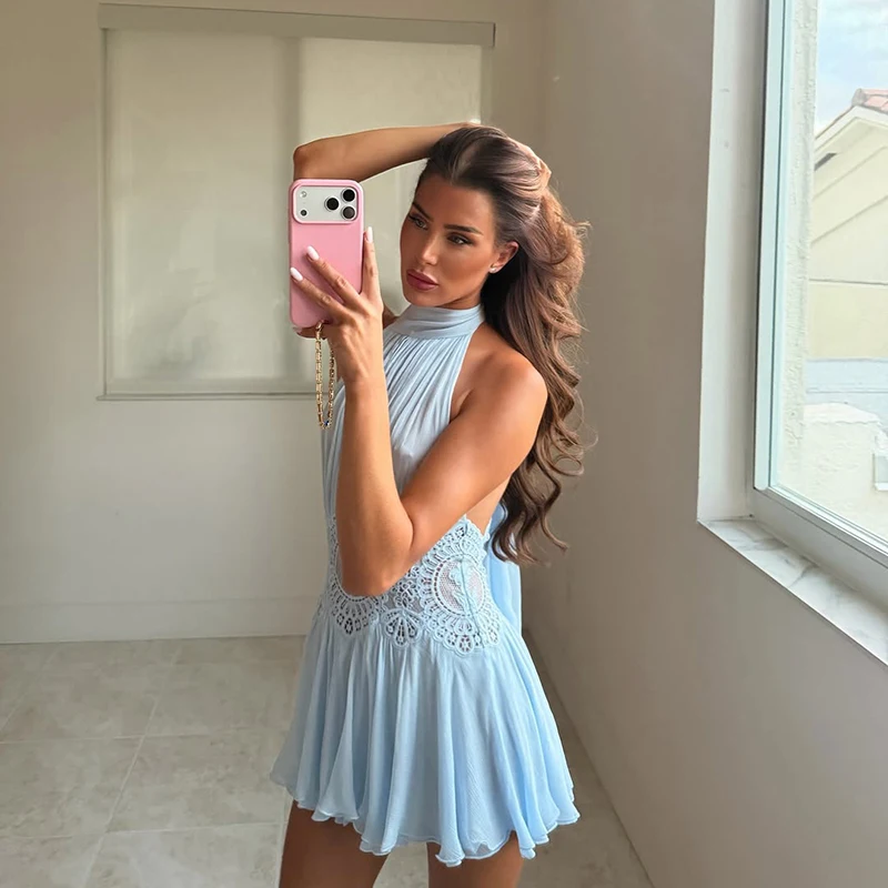 Sexy Patchwork Mini Dress Women Halter Backless See Through Ribbon Fold Vestidos Female 2026 Summer New Beach Vacation Dresses