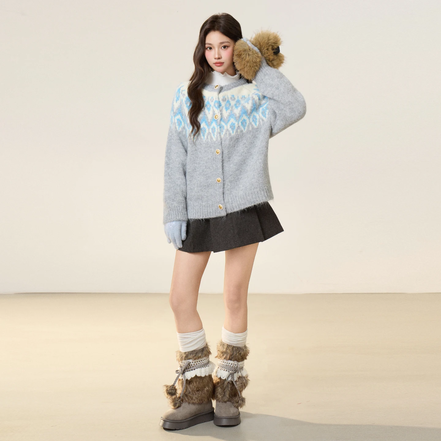 Lazy Wind Fel Island-suéter de cuello redondo con contraste de Jacquard para mujer, cárdigan de punto suelto para otoño e invierno