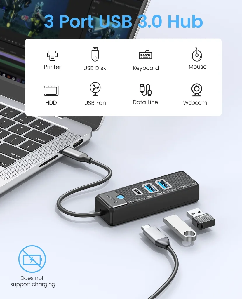 ORICO USB3.0 Hub 5Gbps 3 Ports Docking Station with USB-A & Type-C Port Portable USB C Splitter Adapter for Laptop PC