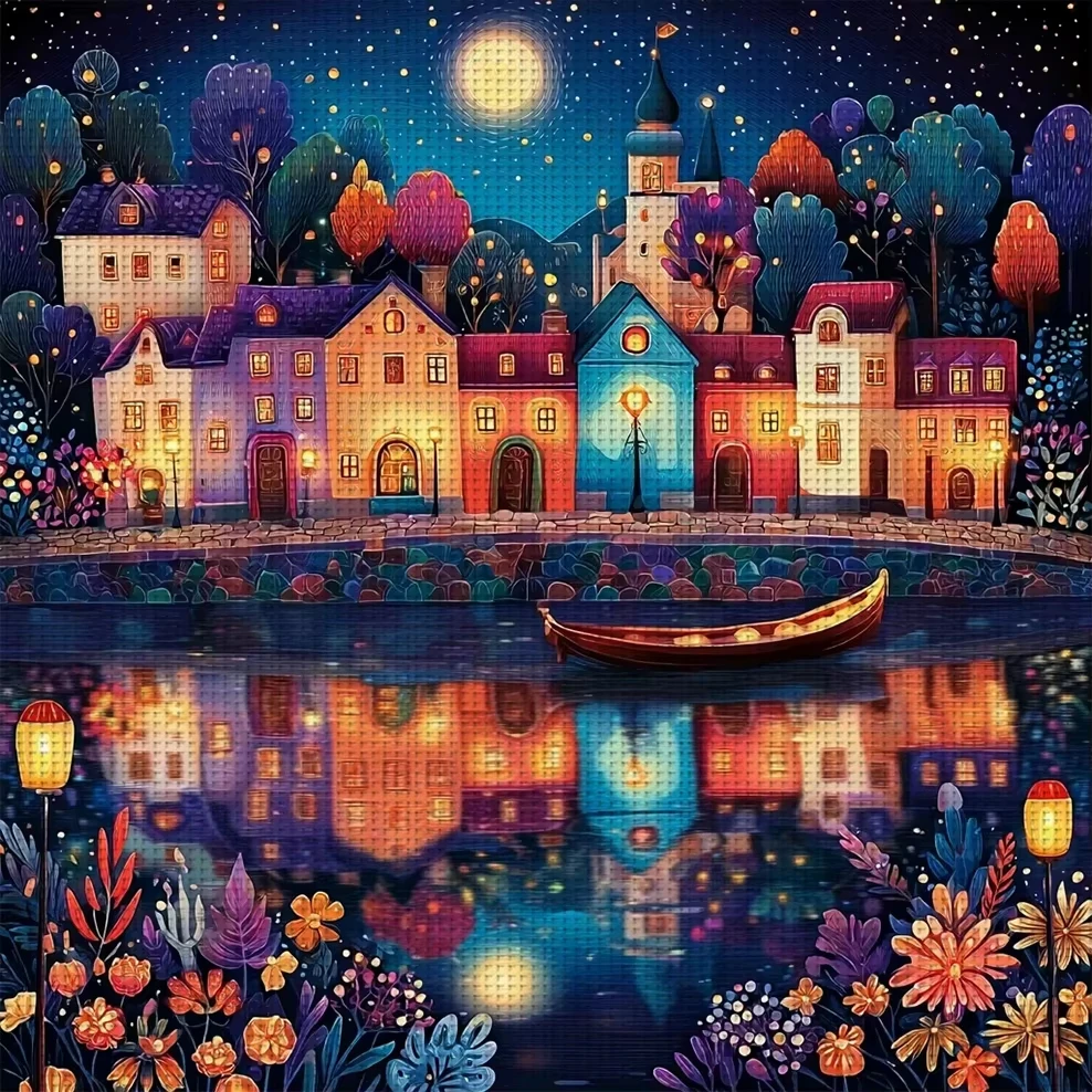 DIY Moonlight River Town Diamond Painting, Colorful Lakeside Reflection Starry Night For Living Room Home Wall Decoration Gift