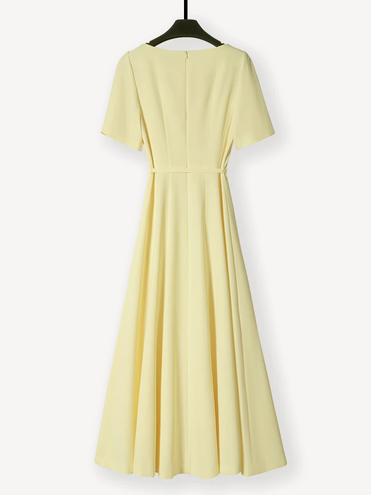 

Ele Yellow Dr Summer New Arrival High Waist ort Sve Pure Color Commute Sle Luxury Women's Faion Long Dr