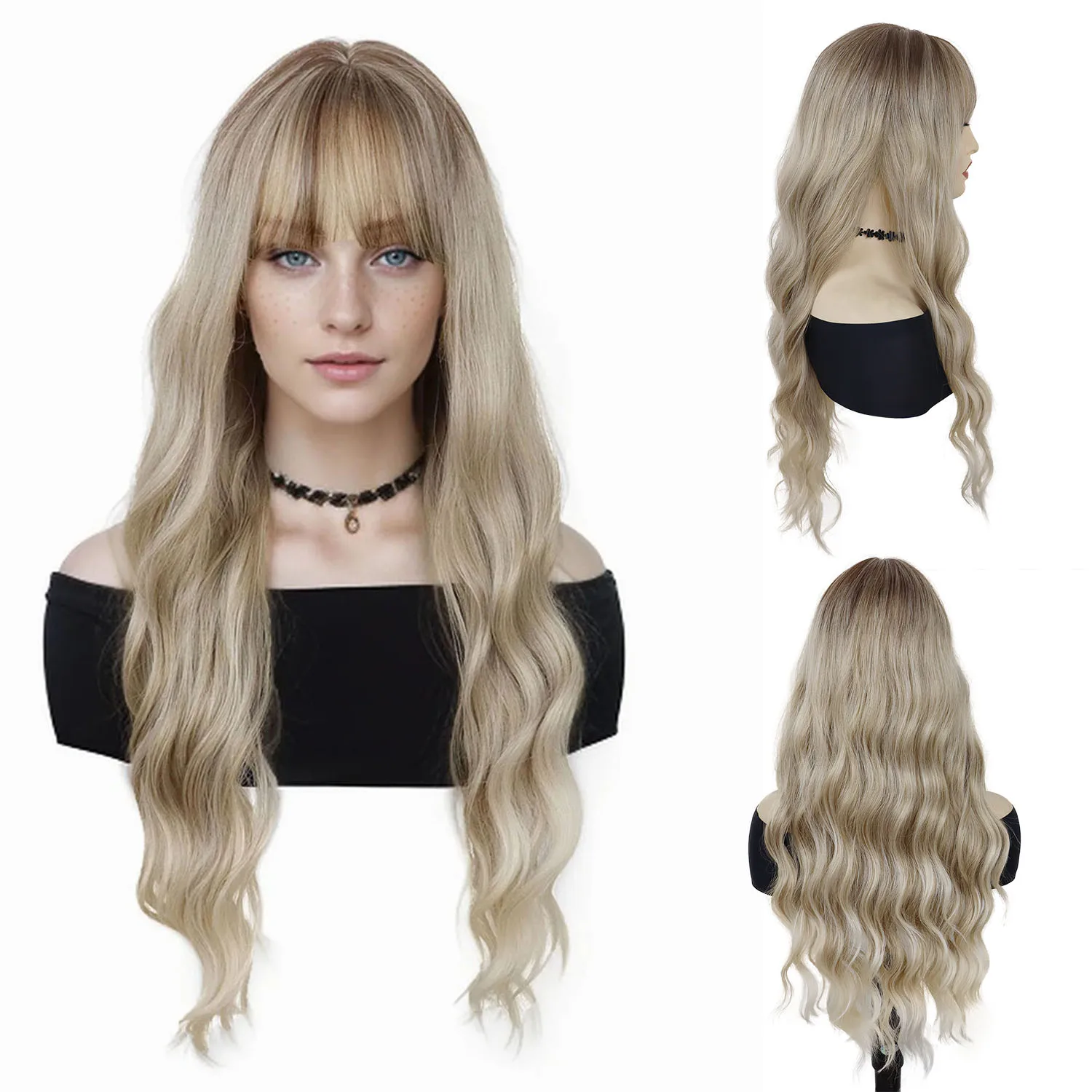 Synthetic Hair Blonde Curly Wig with Bangs Long Wigs for Women Ombre Body Wave Cosplay Wig Drag Queen Roleplay Wigs Halloween