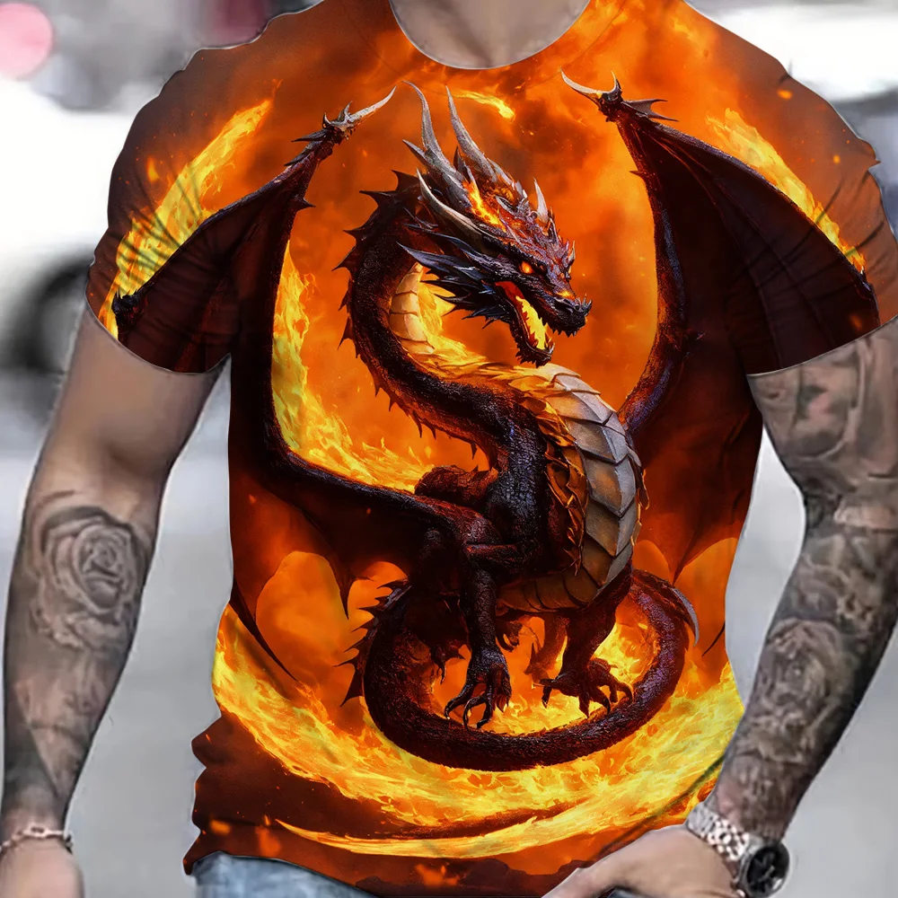 2024 Cool Flame Dragon 3D Graphic Print T-Shirt Clothing Oversized Casual Men's Short Sleeve T-shirts Summer Streetwear Tops Tee