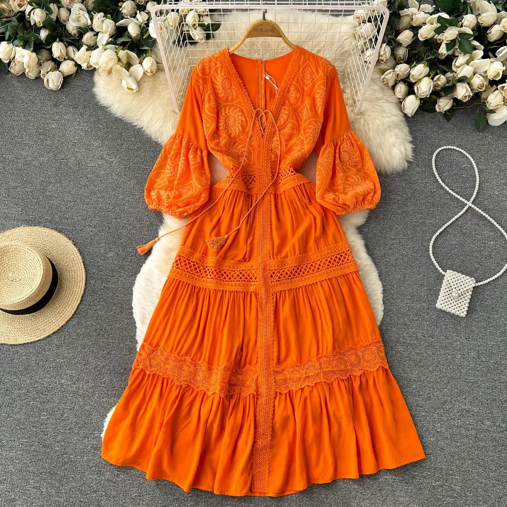 Pear Shapes Lantern Sleeve Dress Summer Women's French Style Temperament Waist-Controlled Slimming Collar Hollow out Midi