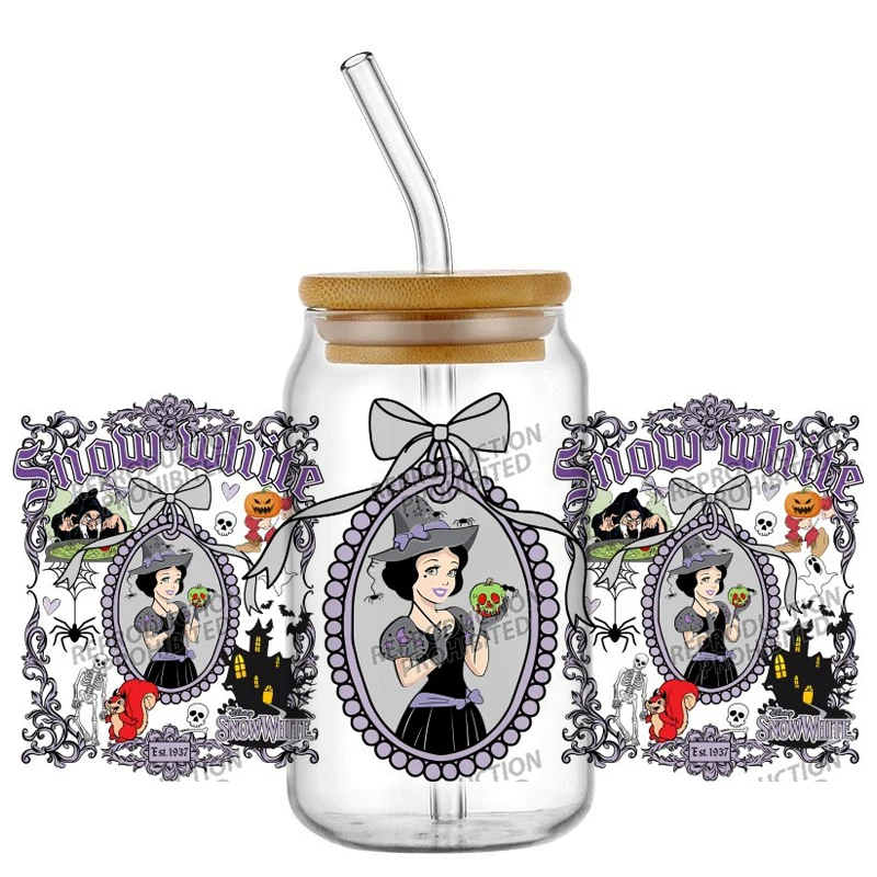 

New model Halloween Disney Princess Series 16oz Libbey Glass UV DTF Cup Wrap Washable DIY Mug Sticker Festival decorations