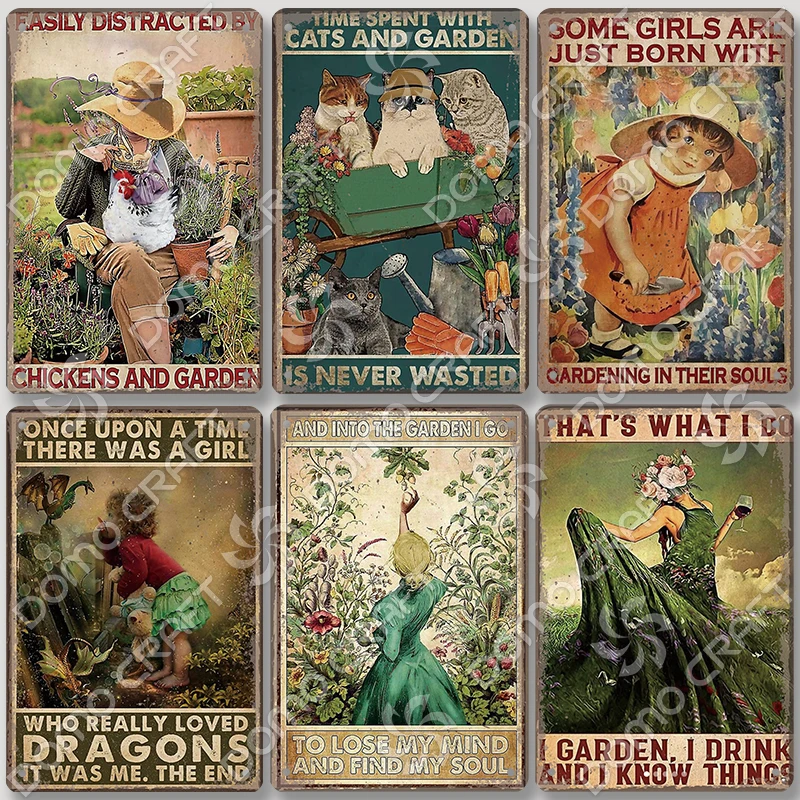 Ogród i dziewczynki znaki blaszane metalowy plakat koty w stylu Vintage metalowa płytka dekoracja ścienna do kawiarni dom na podwórku 20x30cm