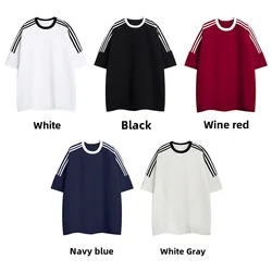Camiseta 100% de algodón para hombre, Camiseta holgada de manga corta con capucha de tres barras, color sólido, tops juveniles de verano
