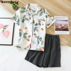 NHKDSASA Women Pajamas Set Summer Comfort Gauze Cotton Turn-down Collar Sleepwear Set Ladies Thin Loose Cartoon Homewear