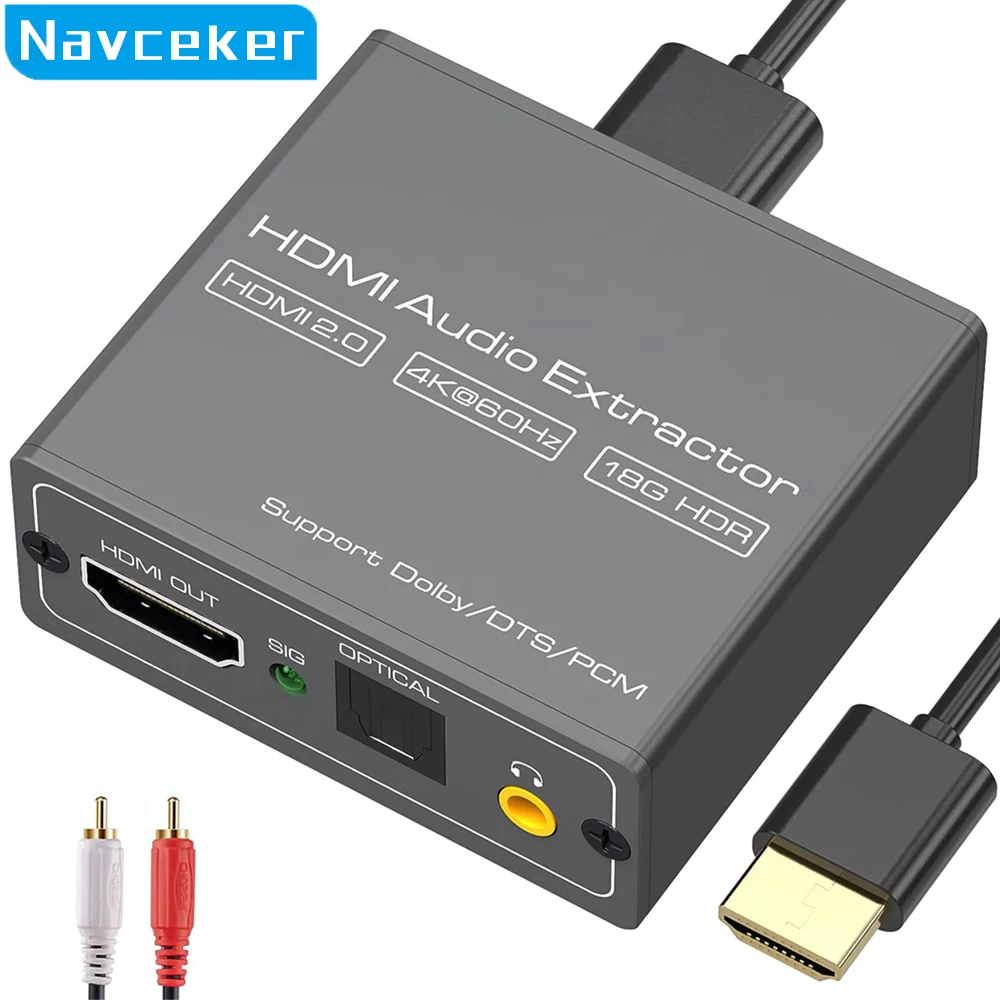 Navceker 4K Video Audio Extractor HDMI-Compatible to 3.5MM Audio Converter SPDIF Optical TOSLINK Stereo Out Splitter Adapter