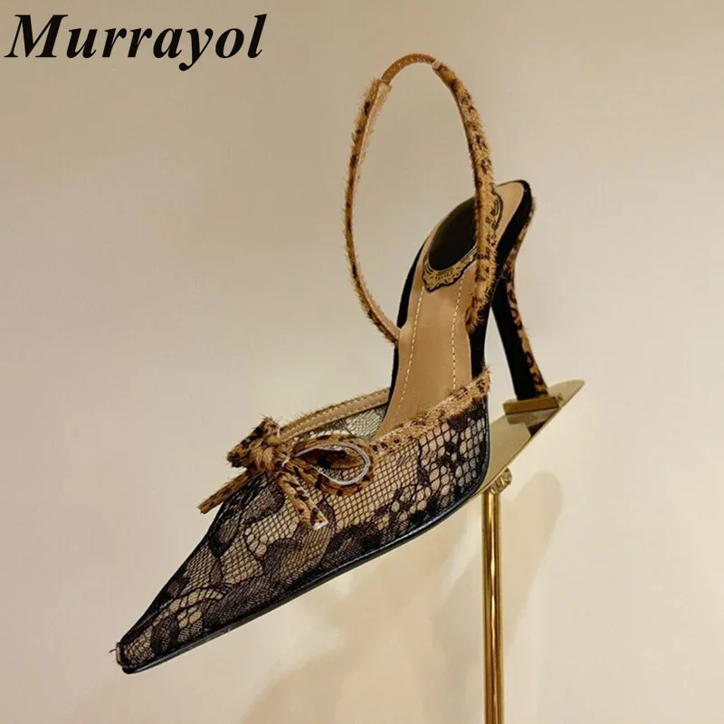 Sandali da donna in pizzo a rete con punta a punta Decorazione con nodo a farfalla Tacchi alti sottili Sandali con cinturino alla caviglia Scarpe da festa estive Décolleté