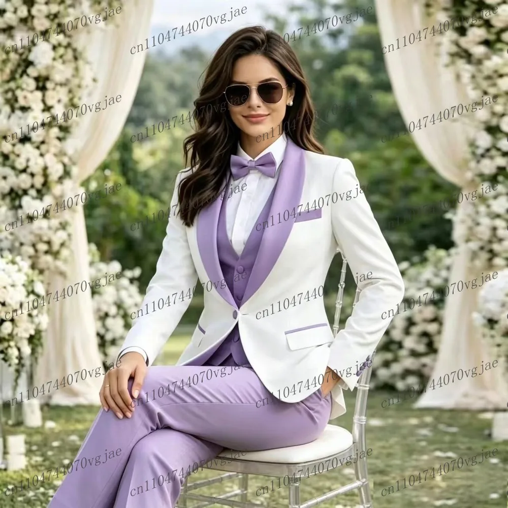 

White And Lavender Formal Business Women Suit Wedding Party Prom Ladies Mother Girl Tuxedos 3 Piece Set Blazer Vest Pants