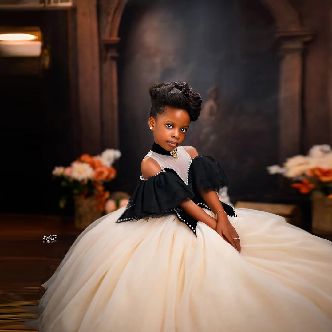 Africa South Style Puffy Ruffled Tulle Dresses For Girls Black White A-line Patchwork Dress Kids Birthday Party Children Dress