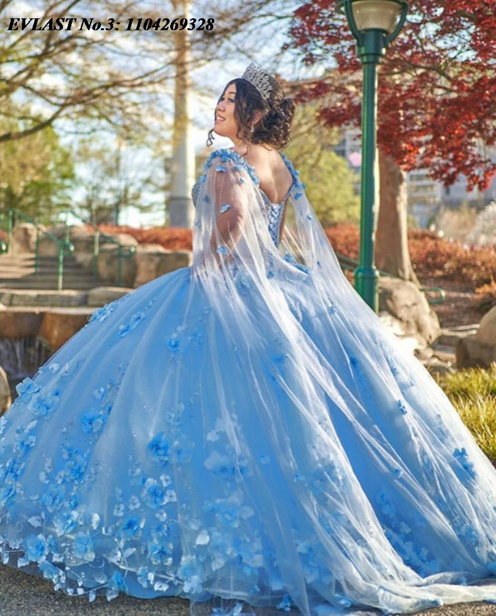 EVLAST Customized Sky Blue Quinceanera Dress Ball Gown Floral Applique Beaded Cape Corset Sweet 16 Vestido De 15 Anos E3Q350