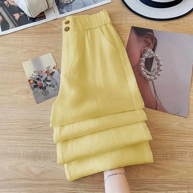 

Корейские женские однотонные свободные льняные брюки, летние женские широкие брюки с высокой талией, 2025 г., женские хлопковые льняные прямые брюки