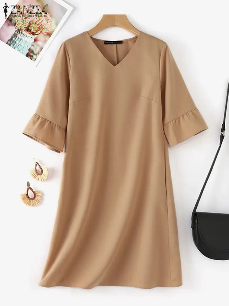 ZANZEA 2024 Elegant Half Sleeve Ruffles Hem Sundress Summer Fashion Women Dress Robe Femme Casual V Neck Solid Midi Work Vestido