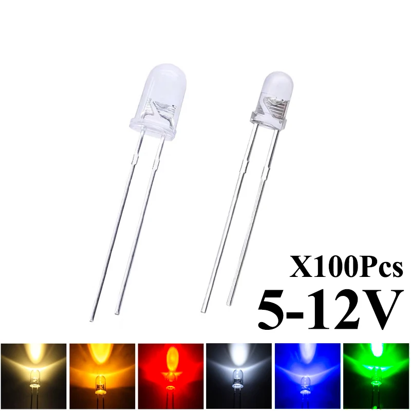 100pcs Dc 12v 5v 3mm 5mm Led Super Bright Warm White Red Blue Model Car Dashboard Indicator Light Emitting Diode With Resistanc