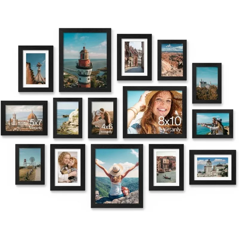 

15 Piece Collage Picture Frame Set Wall Decor for Tabletop or Mounting Display Multi Size Photo Frames Include 3x8x10 6x5x7