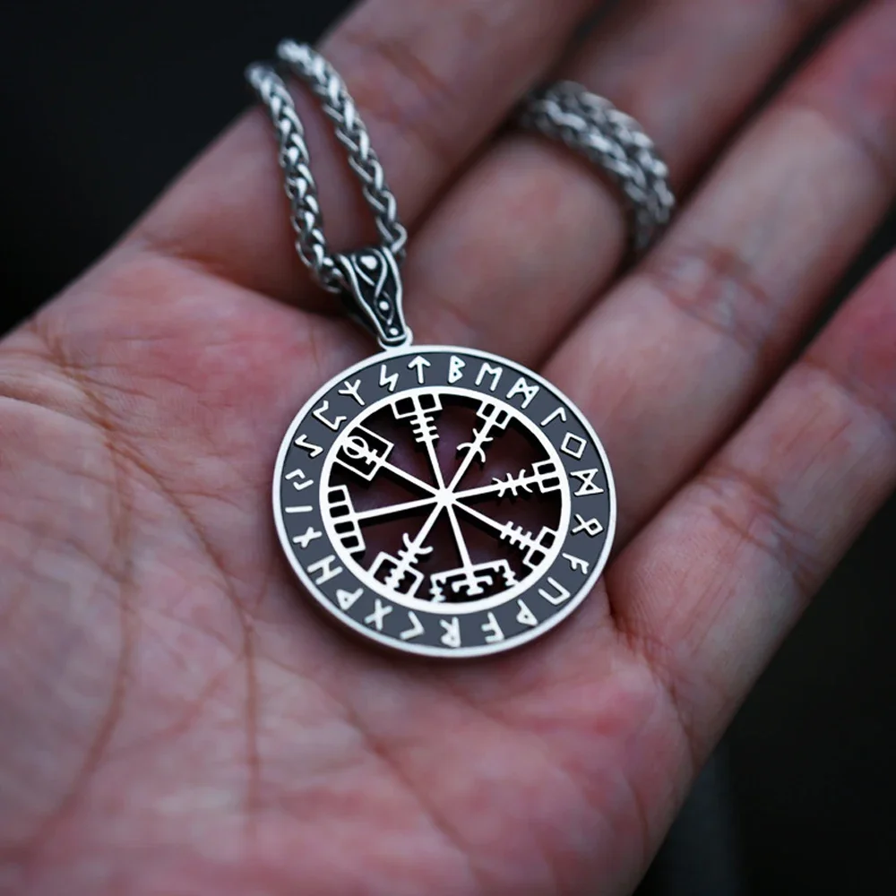 Vintage Viking Stainless Steel Viking Compass Necklace Pendant Men Chains Biker Nordic Odin Rune Pendant Amulet Jewelry Gift