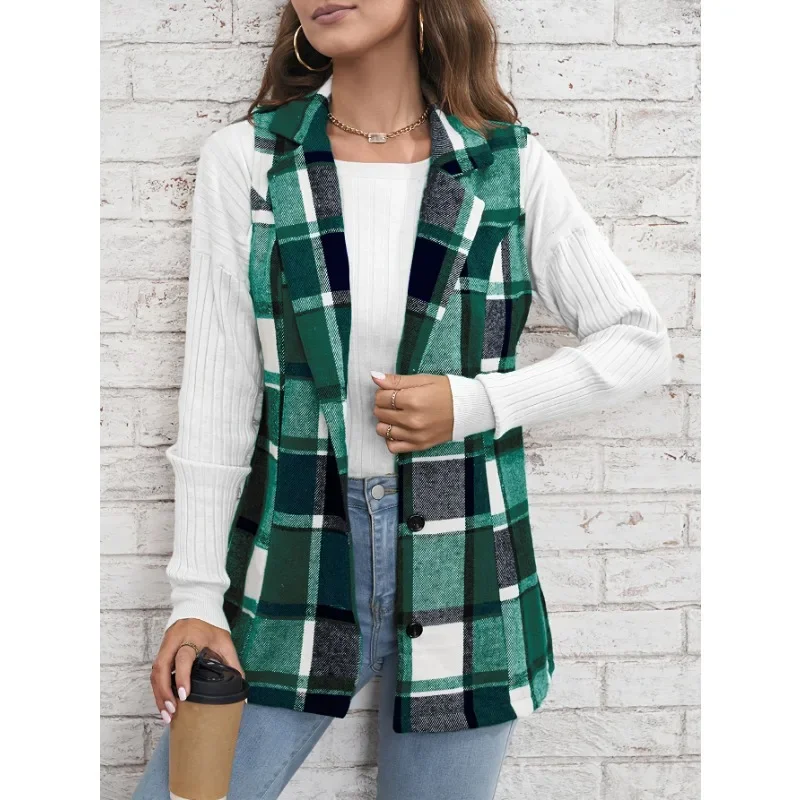 Gilet senza maniche scozzese da pendolarismo elegante Primavera e autunno Gite casual Abbigliamento moda donna Gilet scozzese monopetto con risvolto