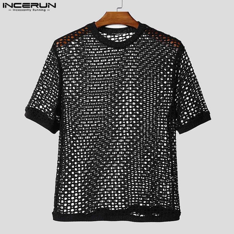 

INCERUN Men T Shirt Solid Color Hollow Out Mesh See Through Male Tee Tops Summer 2025 Streetwear Sexy Fashion Men Clothing S-3XL