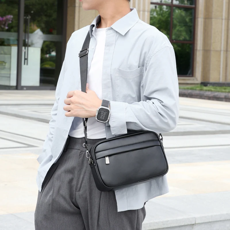 Small Square Sling Bag Luxury Business Shoulder Bag for Men Design Plaid PU Leather Messenger Bag Crossbody Bag Casual Zipper