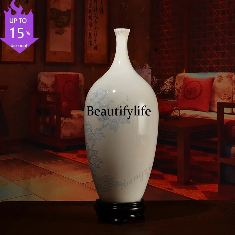 H132 Dehua white porcelain hand-painted line carving peony ceramic vase ornament, Chinese living room porcelain decoration