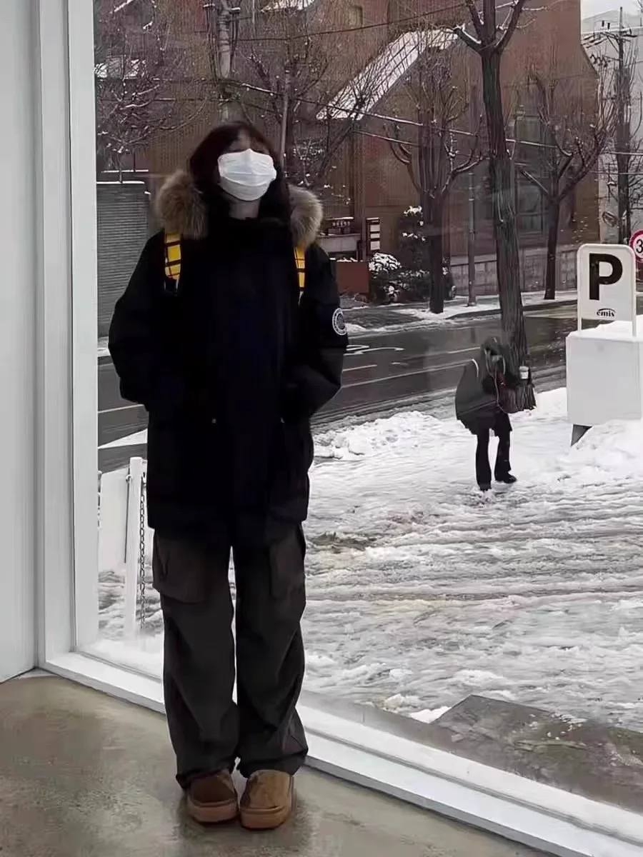 

Американская премиальная парка-пуховик для женщин: зимнее свободное теплое пальто с большим меховым воротником и капюшоном, на хлопковой подкладке