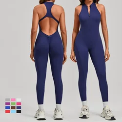 Nuovi pagliaccetti con zip Scrunch Butt Set da yoga Pantaloni senza maniche Tuta per donna Fitness Abbigliamento da palestra Allenamento Tuta sportiva aperta sul retro