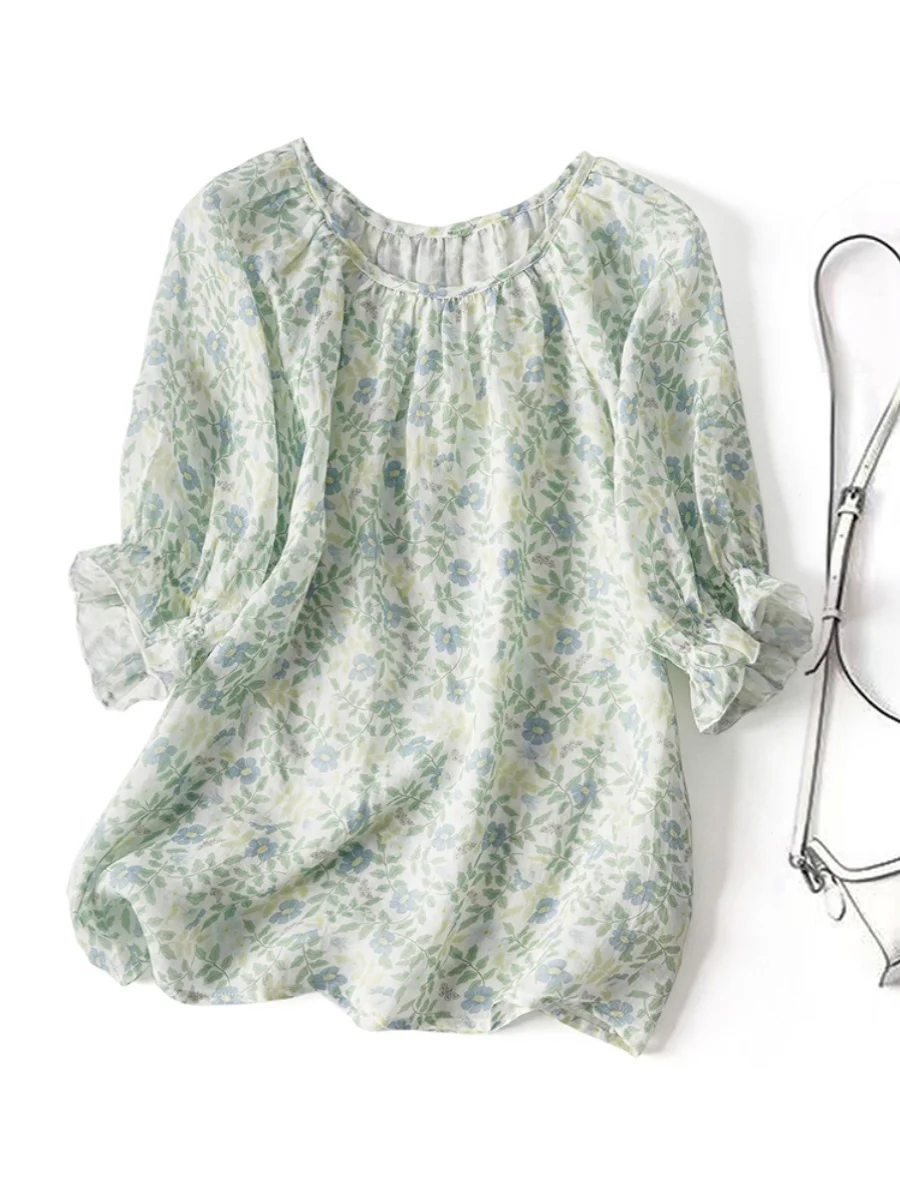 

Lightweight Breathable Summer Floral Print Cotton Linen Loose Fit round Ne Bubble Sve irt Women's Casual Top