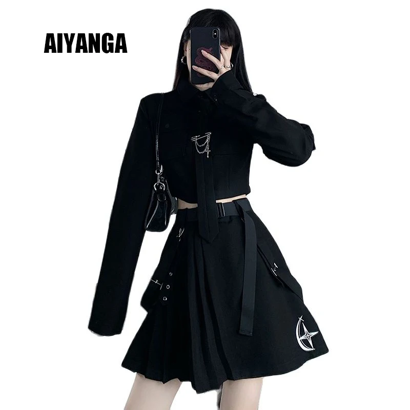 

Women Black Skirt Suits Gothic Style Sets Female Long Sleeve Tops and Pleated Skirt Two Piece Set Spring Autumn 2024 Streetwear