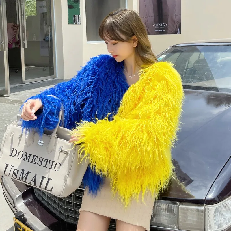 Women's Clothing Patchwork Contrast Colours Faux Wool Faux Fur Coats Tann Sheep Wool Short Style Coats Lambswool Unique Style