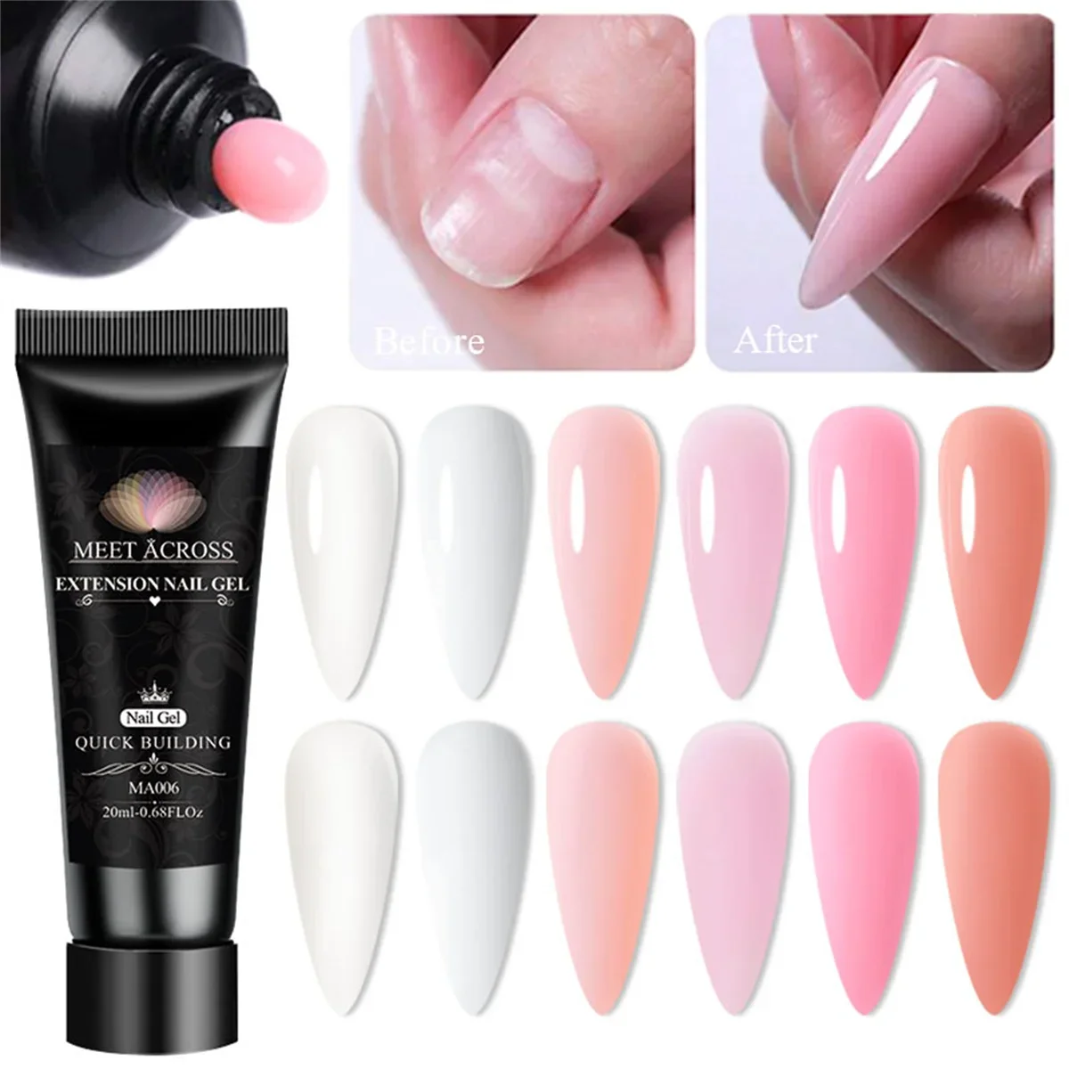 15-teiliges rosa Glitzer-Schnellverlängerungs-Gel-Nagellack-Set mit Slip-Lösung, Nagelschieber, Nagelclip, Pinsel, Datei, Verlängerungsgel-Werkzeuge