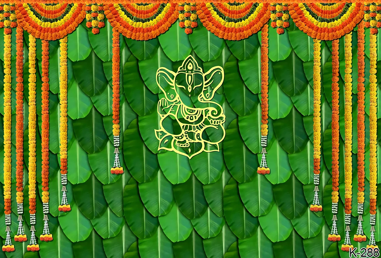 بوجا خلفية للتصوير الفوتوغرافي ، أوراق الموز التقليدية ، Chatiya الأخضر ، غانيش ، موقع قران ، مهرجان خلفية الديكور ، بوجا غارد